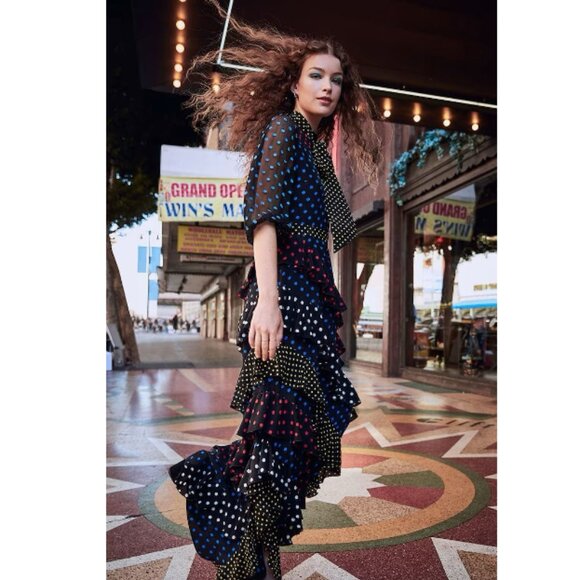 Alice + Olivia Lessie Tie Neck Blouson Sleeve Ruffle Dress - Picture 2 of 14